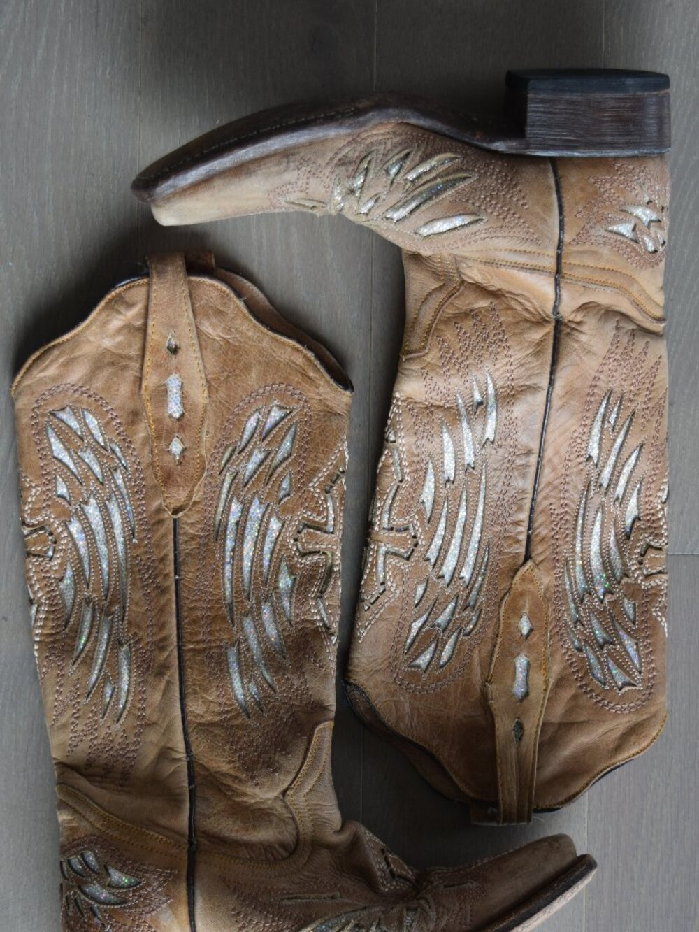 Tanner Mark Western Cowboy Boots Tan Leather Silver Inlay